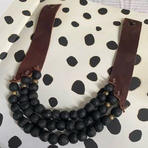Black Beaded Necklace with Leather Strap